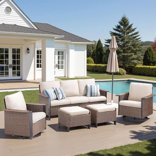Buenaola 5-Piece Brown Wicker Patio Conversation Set with Swivel Glider, Outdoor Sofa Seating Set with Beige Cushions
