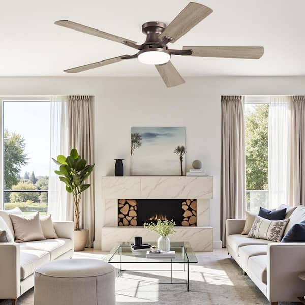 52 in. indoor Dimmable Brown 6-Speed Flush Mount Ceiling Fan with Adjustable LED and Remote Control