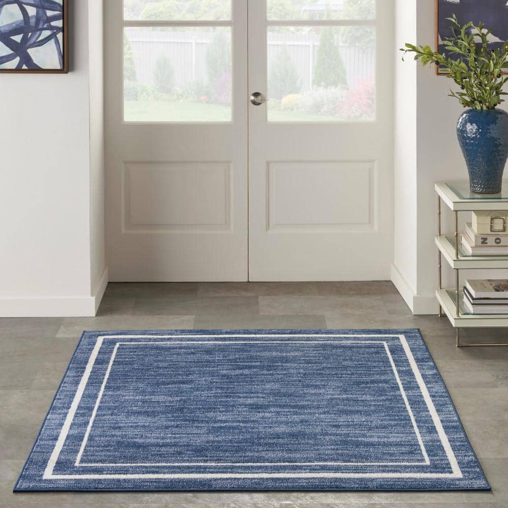 Navy/Ivory Synthetic 5' Square Indoor/Outdoor Easy-Care Rug