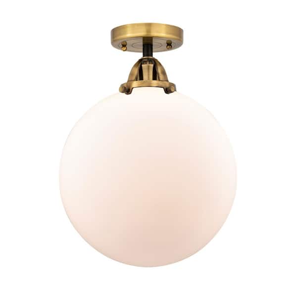 Beacon 12 in. 1-Light Antique Brass Industrial Semi-Flush Mount with Frosted Glass Shade