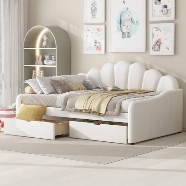 Acacia Wood, Beige Full Size Daybed with Shall Shaped Backrest and 2 Drawers