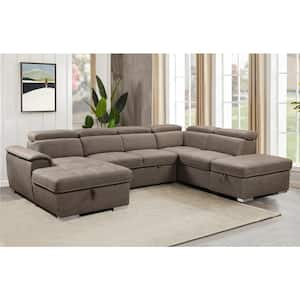 128 in. Reversible Modular Microfiber Sectional Sofa in Brown with Ottomans, Pull-out Bed