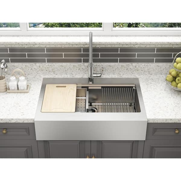 Blanchard 33 in. Drop-in/Undermount Single Bowl 18-Gauge Stainless Steel 1-Hole Retrofit Workstation Farm Sink