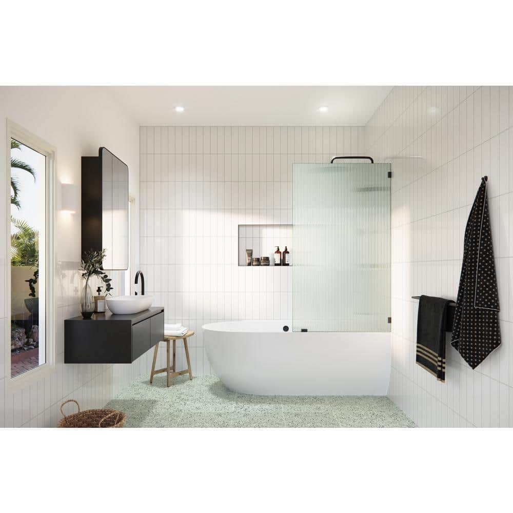 Gaia 34" x 58.25" Frameless Fluted Glass Bath Panel with Matte Black Hardware