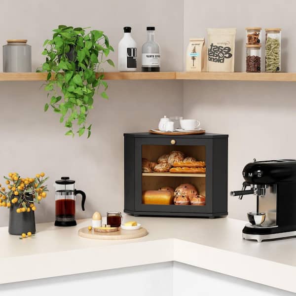 1 Piece Black Corner Bread Box for Homemade Bread, Two Layer Large Bread Holder for Kitchen Counter, Pantry Shelf