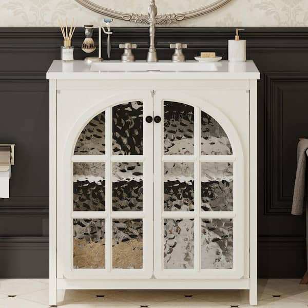 31 in. Freestanding Antique White Bath Vanity with White Ceramic Top, Glass Door Bathroom Storage Cabinet Unassembled