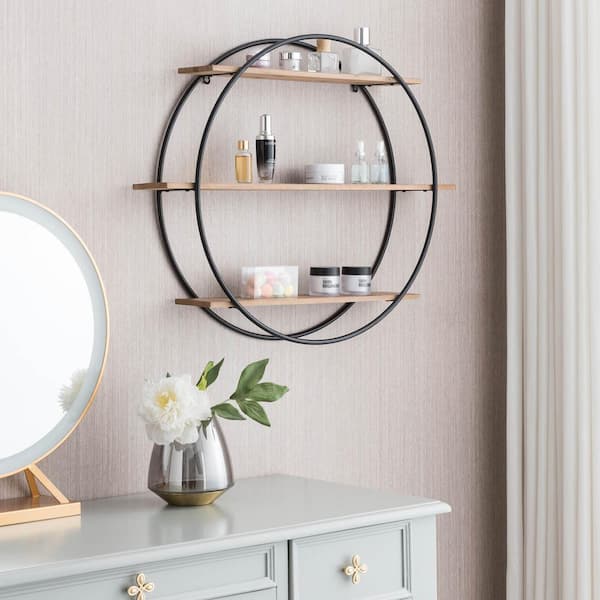 Unbranded Large Round 5.5 in. x 28.75 in. x 24 in. Brown Wood and Iron Floating 3-Tier Decorative Wall Shelf