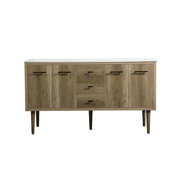 Unbranded Simply Living 60 in. W x 22 in. D x 33.5 in. H Bath Vanity in Natural Oak with Ivory White Engineered Marble Top