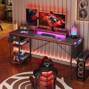 61 in. Rectangular Reversible Black Carbon Fiber Computer Desk with Storage Drawer and LED Monitor Stand