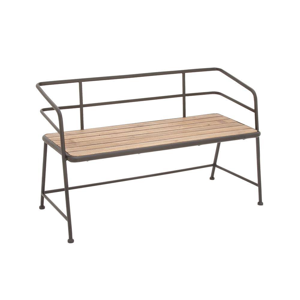 Industrial Black Metal and Brown Wood Slat Bench