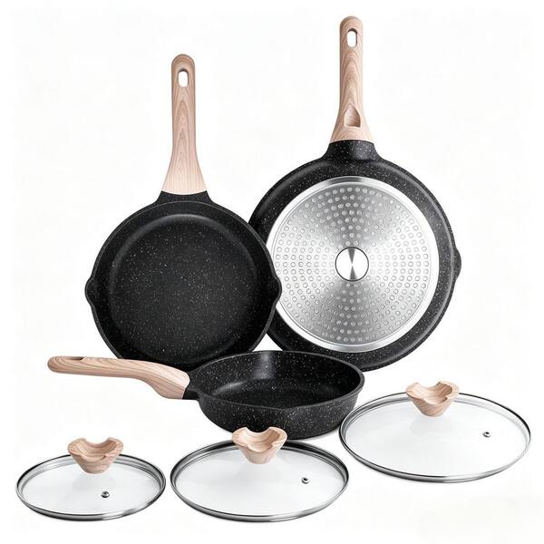 3 Piece Black Granite Nonstick Frying Skillet Pan Set with Lids Induction Stay Cool Handle Compatible with All Stovetops