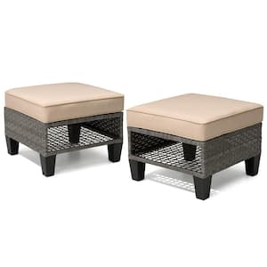 All-Weather Multi-purpose Wicker Outdoor Patio Ottoman with Removable Beige Cushions (2-Pack)