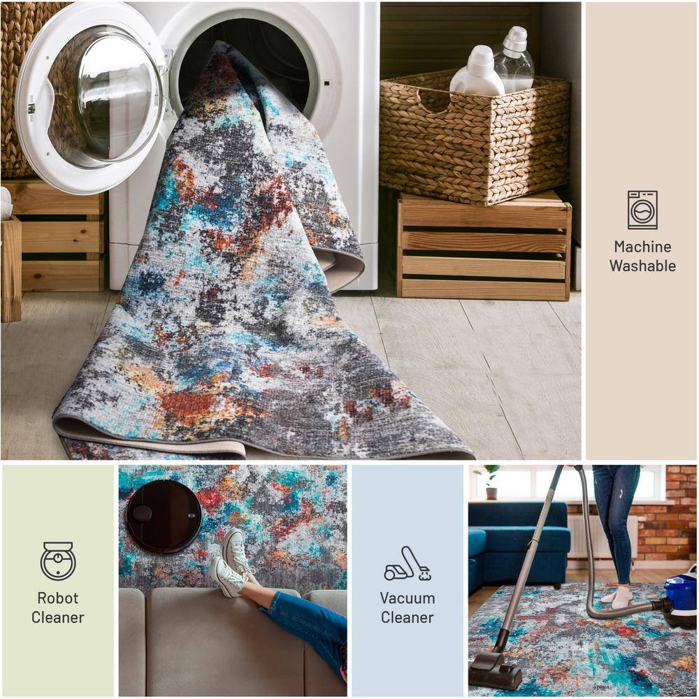 Ocean Breeze Blue and Gray Synthetic 5' x 7' Washable Area Rug