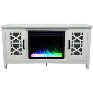 Arcadia Mid-Century 55.9 in. W Freestanding Electric Fireplace TV Stand in White with Multi-Color Crystal Insert