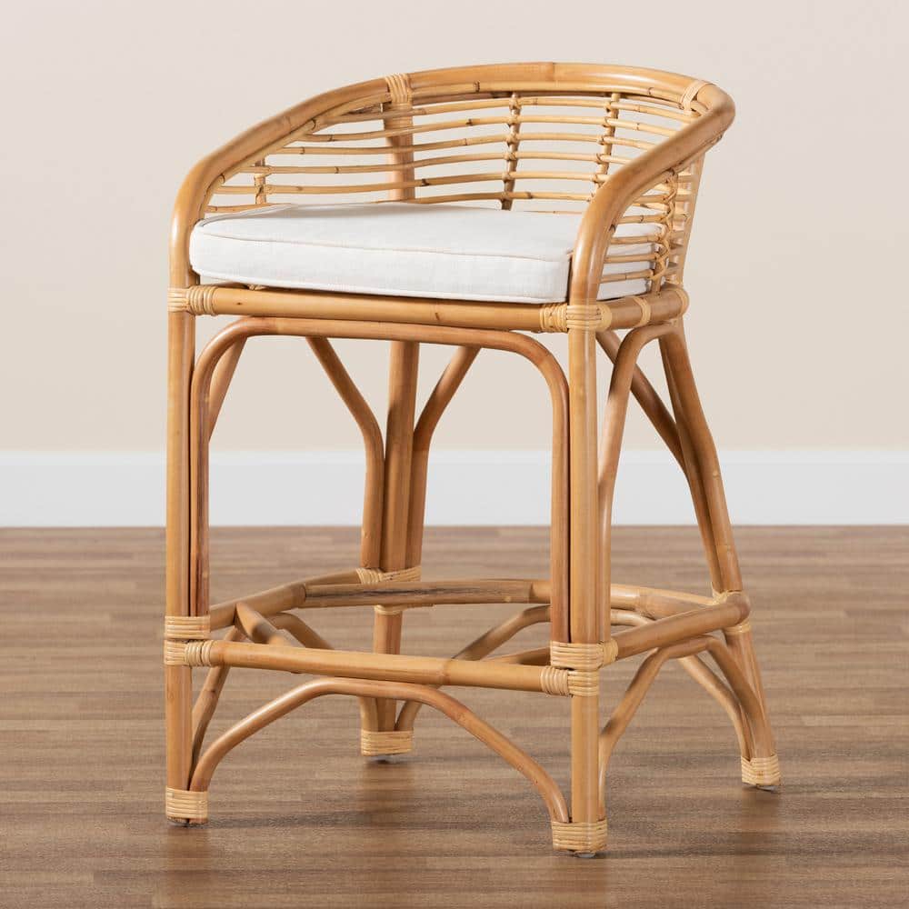 Tropical Oasis White Fabric and Natural Rattan Counter Stool