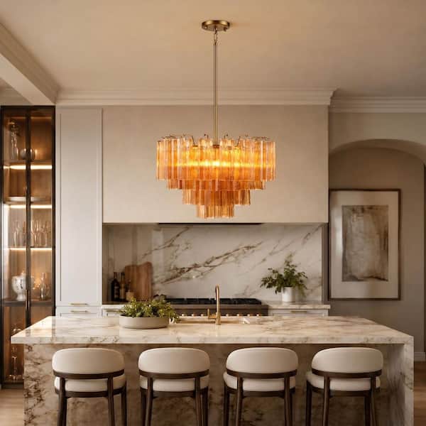24 in. 8-Light Dimmable Brass Kitchen Island Chandelier with 4-Tier Amber Glass for Living Room, Bedroom, Dining Room