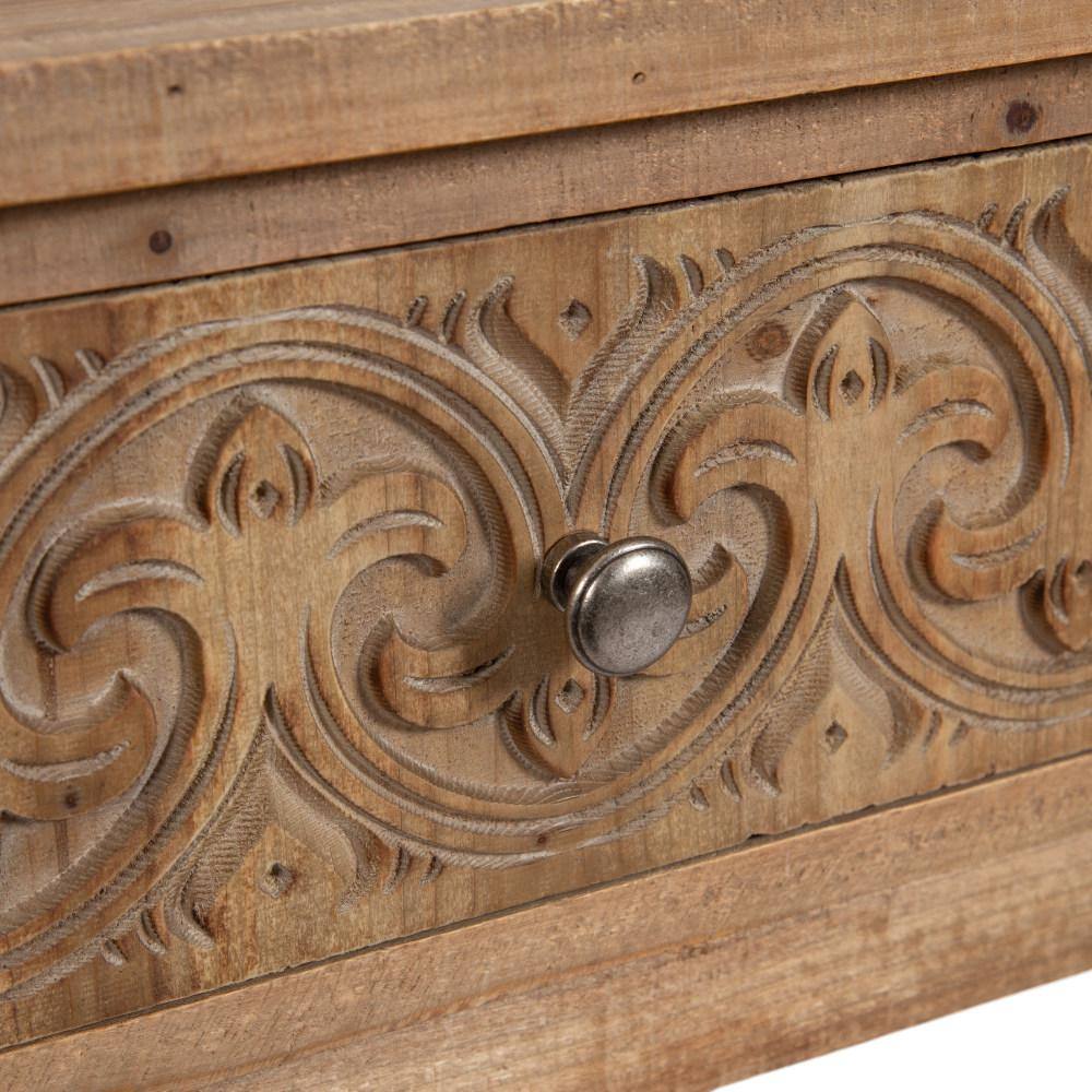 Hazelnut Rustic Wood Side Table with Carved Drawer
