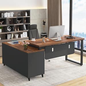 Lantz 55.1 in. L Shaped Desk Brown Engineered Wood 2-Drawers Executive Desk with Cabinet Shelves