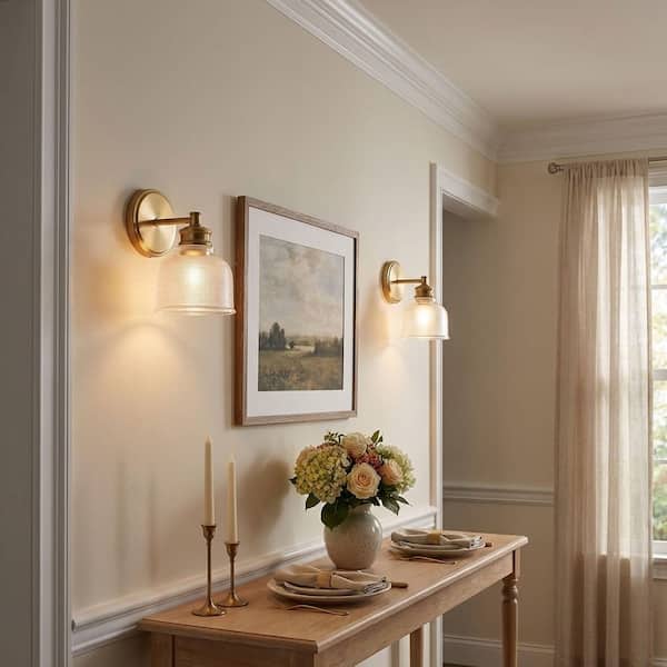 Meridian 5 in. x 9.5 in. 1-Light Natural Brass Traditional Wall Sconce with Textured Glass Shade