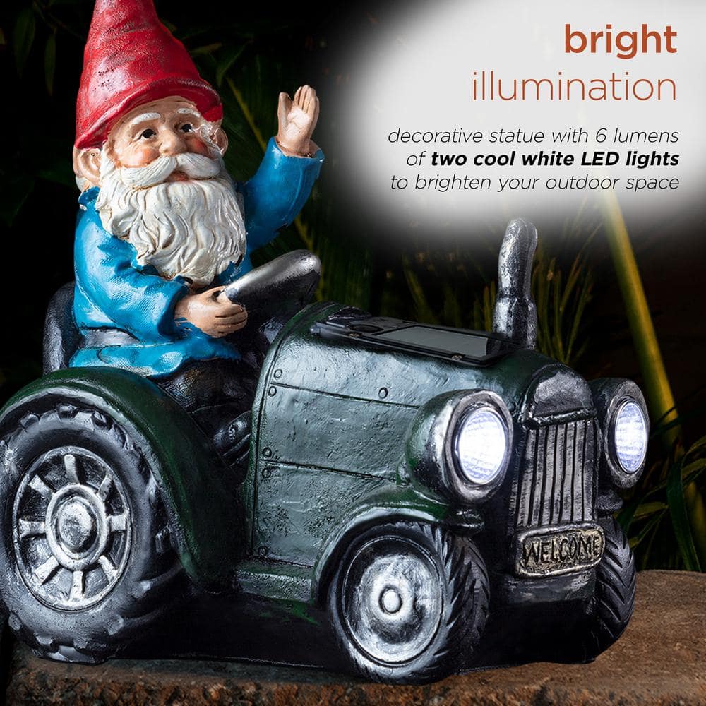 10" Green Polyresin Solar Gnome on Tractor with LED Lights