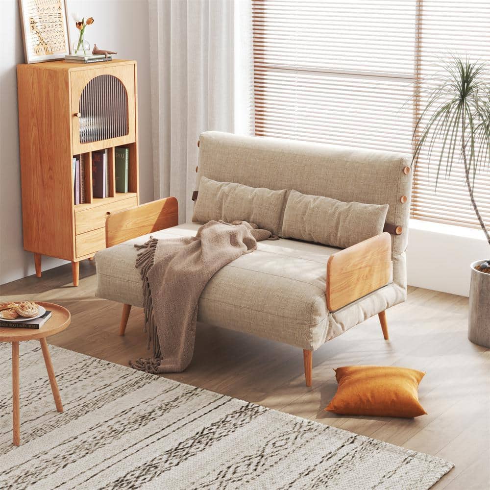 JASIWAY 43 in. Beige Linen Twin Size 2-Seat Sofa Bed with Wood