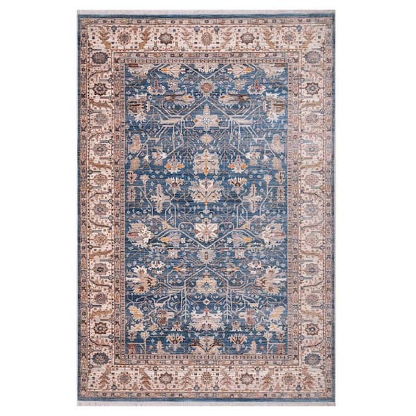 4 ft. x 5 ft. Navy Blue Beige And Brown Oriental Area Rug With Fringe