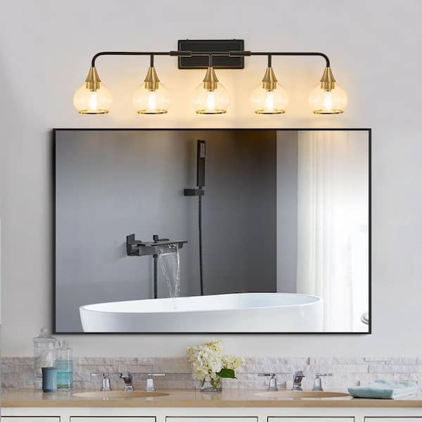 40 in. 5-Light Black and Gold Bathroom Vanity Light Fixture with Clear Glass Shades, No Bulbs Included