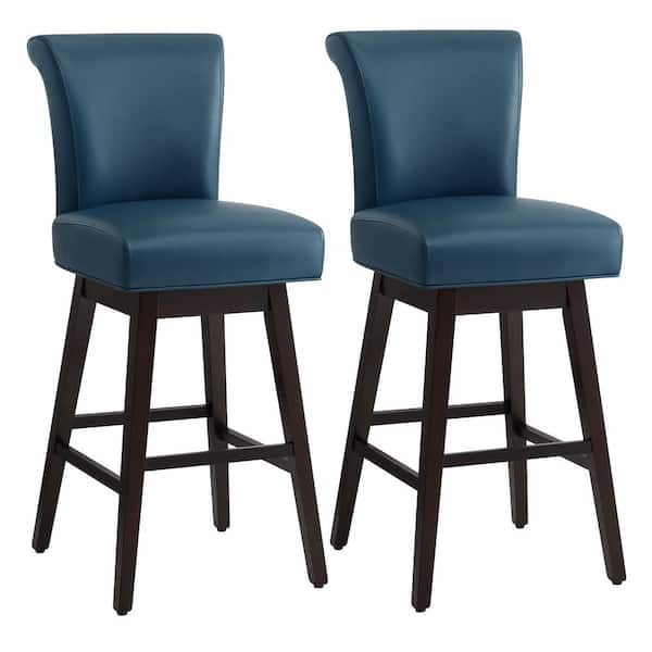 Spruce & Spring Dennis 30 in. Dark Blue High Back Solid Wood Frame Swivel Bar Stool with Faux Leather Seat(Set of 2)