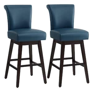 Dennis 30 in. Dark Blue High Back Solid Wood Frame Swivel Bar Stool with Faux Leather Seat(Set of 2)