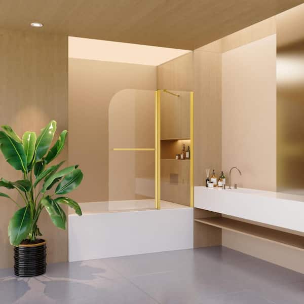43 in. W x 58 in. H Pivot Tub Door in Gold with Clear Glass, Frameless Folding Shower Doors
