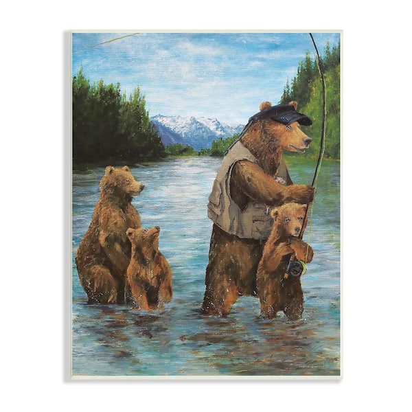 Stupell Industries Grizzly Bear Family Fishing Landscape by Kamdon Kreations 1-Piece Unframed Animal Graphic Art Print 19 in. x 13 in.