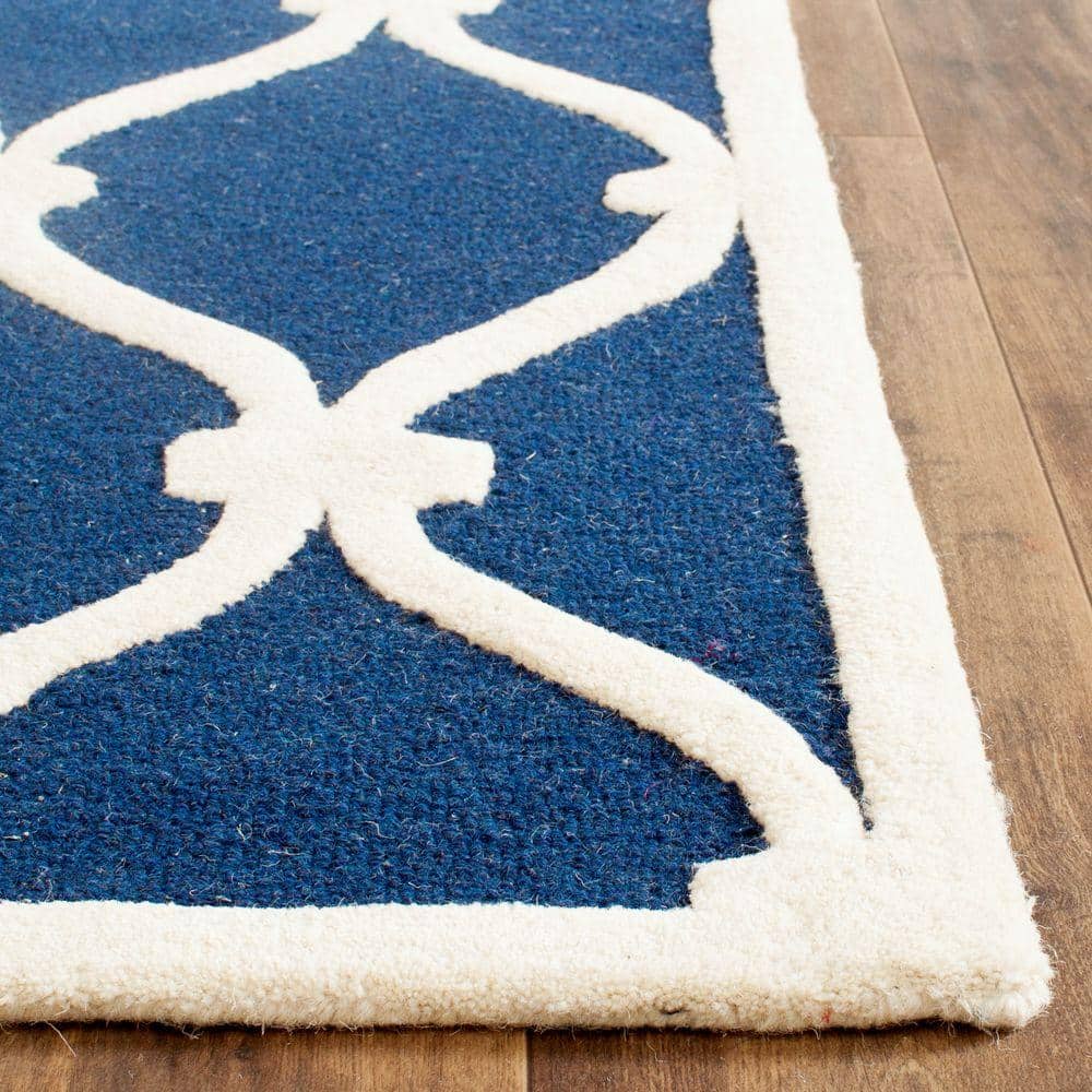 Hand-Tufted Geometric Navy/Ivory Wool Round Rug