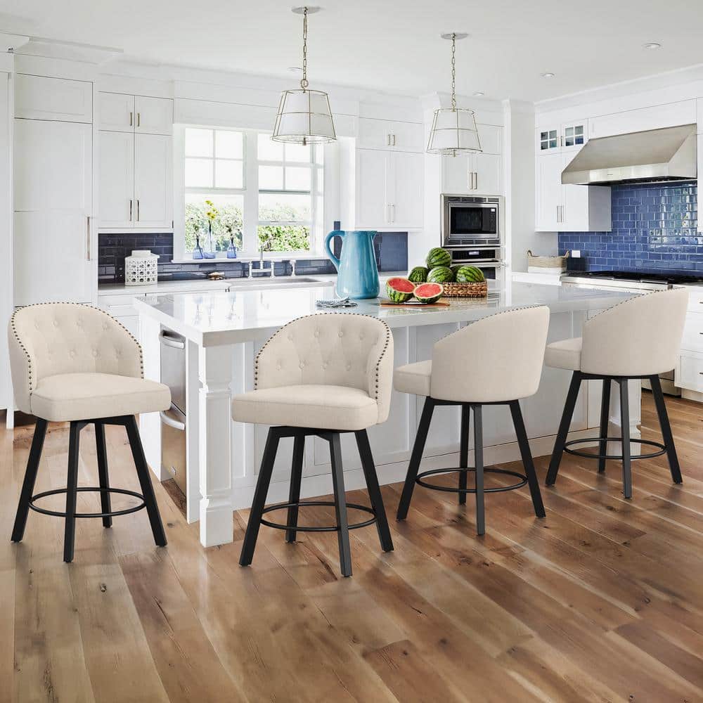 Linen Upholstered Swivel Counter Stools with Metal Legs, Set of 4