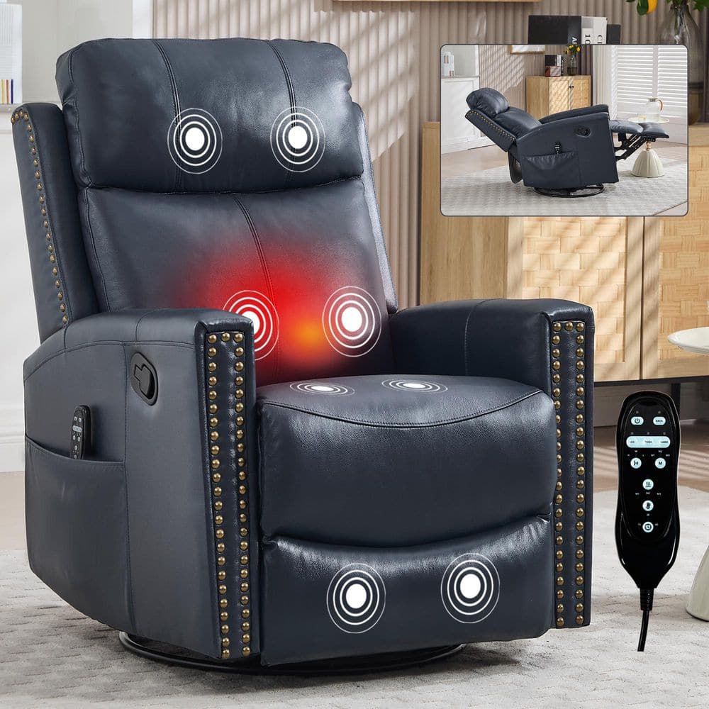 aisword Blue Genuine Leather Manual Swivel Recliner Rocker Chair