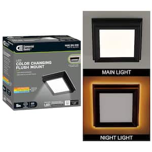 Low Profile 5 in. Matte Black Square LED Flush Mount with Night Light Feature J-Box Compatible Dimmable 500 Lumens