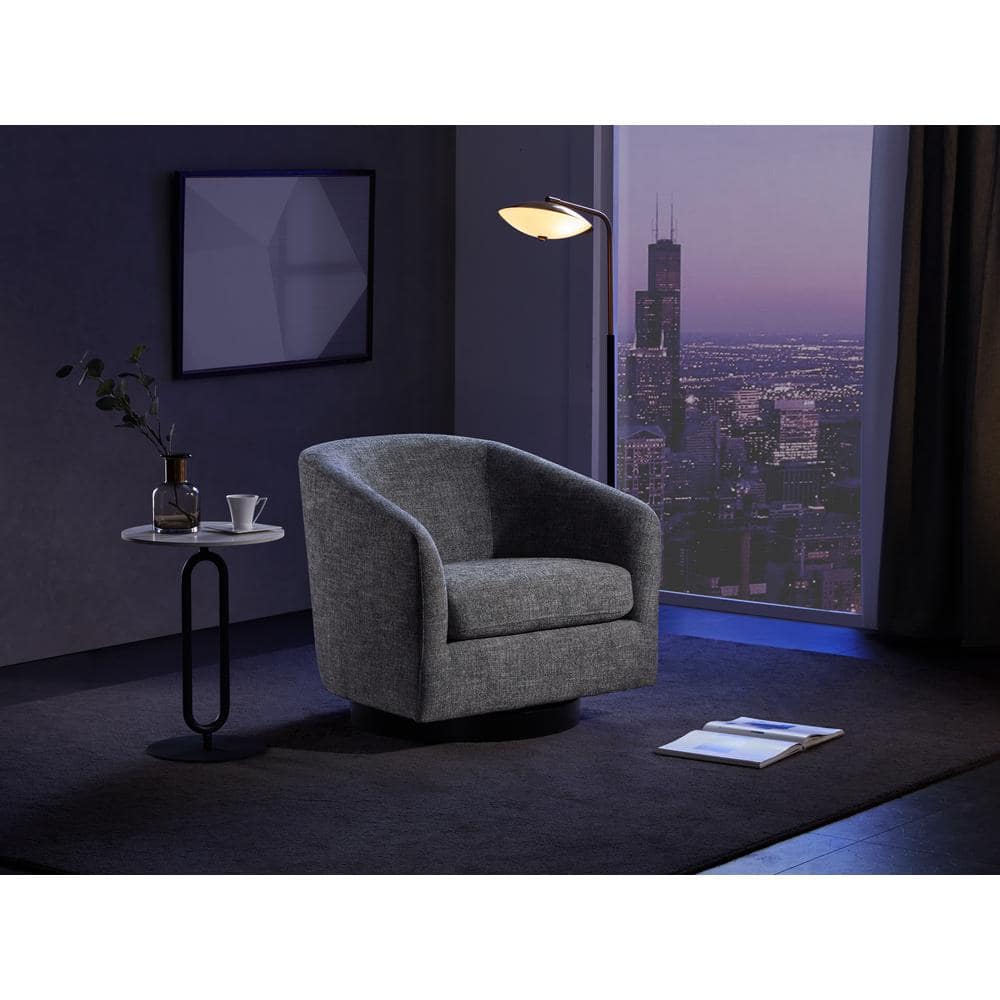 Dark Gray Velvet Swivel Barrel Accent Chair with Wood Base