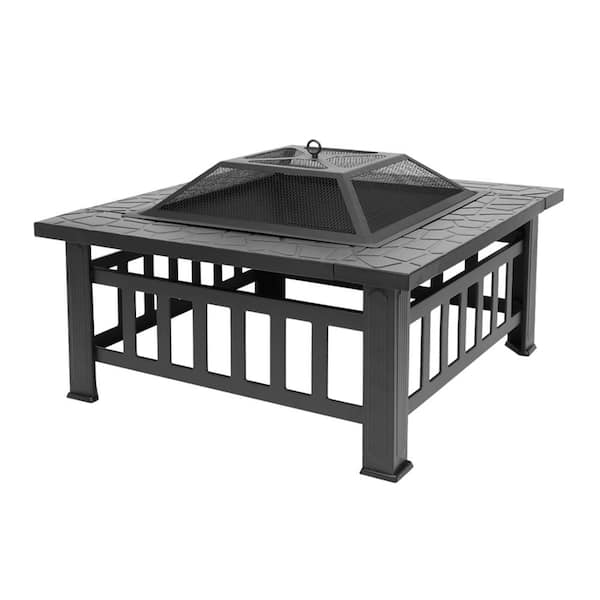 itapo 32 in. x 14.3 in. Portable Square Courtyard Metal Wood Burning Fire Pit with Accessories Black