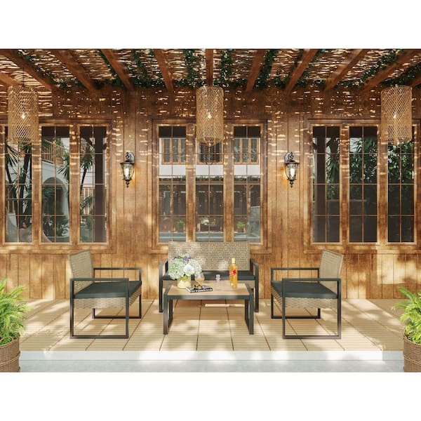 4-Piece Wicker Patio Furniture Set Outdoor Conversation Set with Black Cushions for Balcony Porch Garden Backyard Lawn