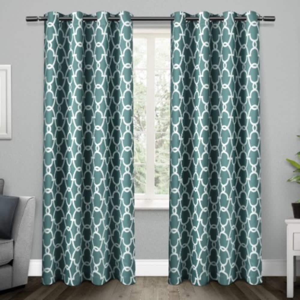 EXCLUSIVE HOME Gates Teal Ogee Woven Room Darkening Grommet Top Curtain, 52 in. W x 108 in. L (Set of 2)