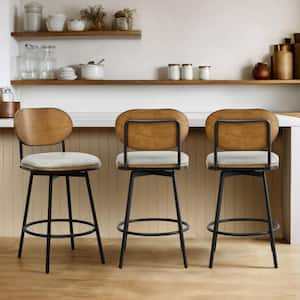 Aloysius 27 in. Grey High Back Bar Stools Metal Swivel Counter Stools with Leather Seat (Set of 3)