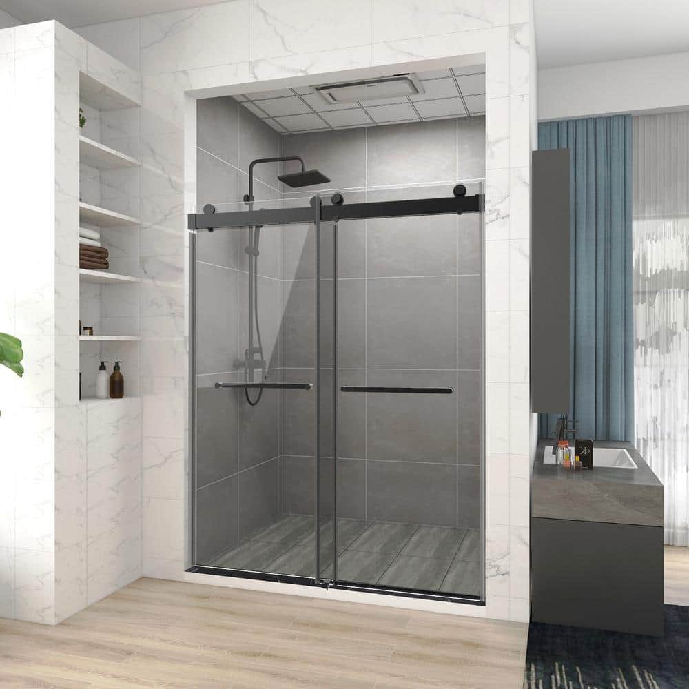 76'' Matte Black and Clear Glass Semi-Frameless Shower Enclosure
