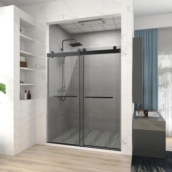 76 in. W x 76 in. H Freestanding Double Sliding Frameless Corner Shower Enclosure in Matte Black