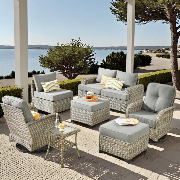 HOOOWOOO Kelleys 8-Piece Wicker Modern Outdoor Patio Conversation Sofa Set with Swivel Chairs and Dark Grey Cushions