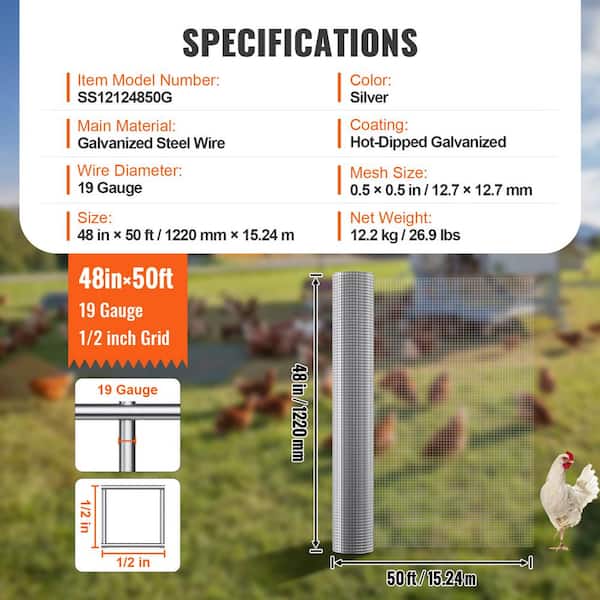 VEVOR Hardware Cloth 0.5 in. x 4 ft. x 50 ft. 19 Gauge Hardware Cloth Galvanized Wire Mesh Roll Chicken Wire Fencing Wire Mesh