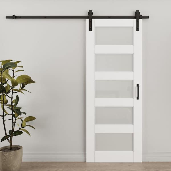 30 in. x 96 in. 5 Lite Tempered Frosted Glass White PrimedWithout Soft Close MDF Sliding Barn Door with Hardware Kit