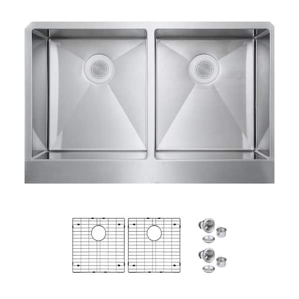 PELHAM & WHITE Bryn 16-Gauge Stainless Steel 36 in. Double Bowl Farmhouse Apron Kitchen Sink with Bottom Grid and Drain