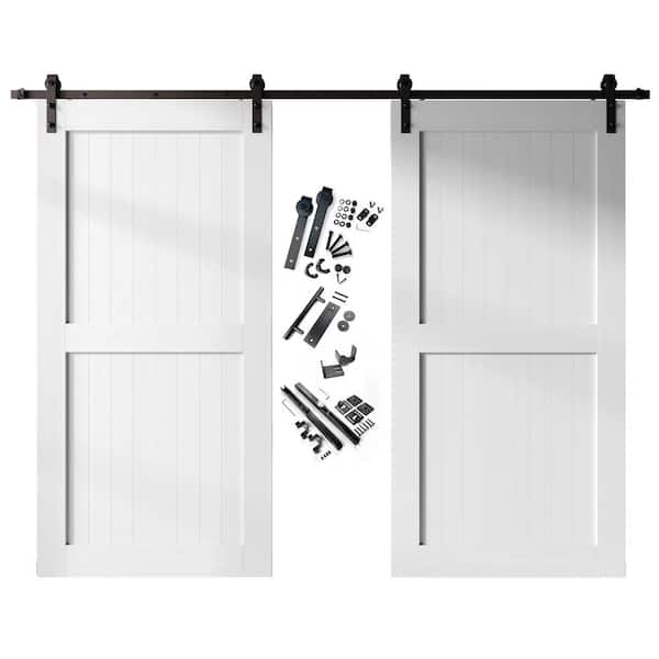 48 in. x 84 in. H-Frame White Double Pine Wood Interior Sliding Barn Door with Hardware Kit, Non-Bypass