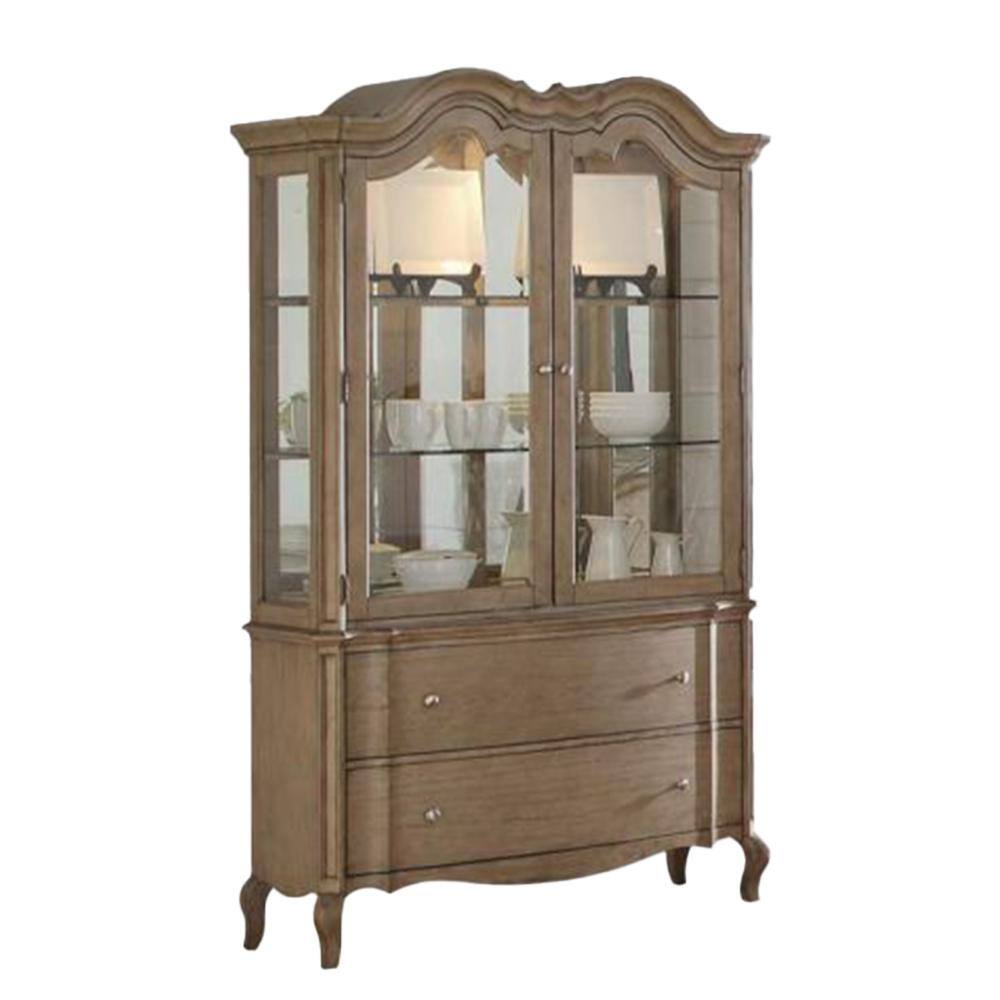 Antique Taupe Lighted China Cabinet with Glass Doors and Shelves