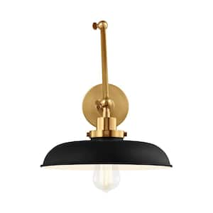 Wellfleet 11 in. W 1-Light Midnight Black/Burnished Brass Double Arm Wide Task Wall Sconce with Steel Shade