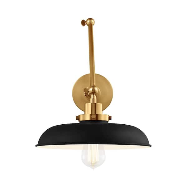 Generation Lighting Wellfleet 11 in. W 1-Light Midnight Black/Burnished Brass Double Arm Wide Task Wall Sconce with Steel Shade